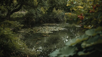 A serene landscape of a tranquil pond surrounded by lush vegetation in a food forest, 