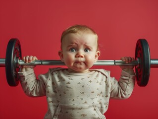 Strong Baby Lifting Barbell on Red Background