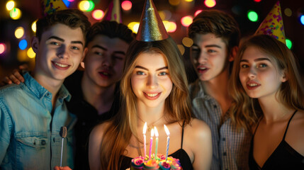 A group of teenagers in party hats celebrates with a birthday cake and lit candles.