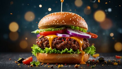 Dynamic image of a cheeseburger with cheese, lettuce, onion, and tomato mid-air against a dark background