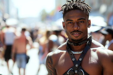 portrait of young black gay man in leather harness at the LGBT parade on the street - obrazy, fototapety, plakaty