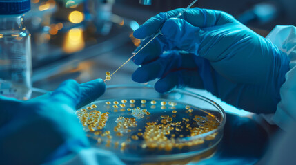 Gloved hands hold a petri dish containing various colorful bacterial colonies.