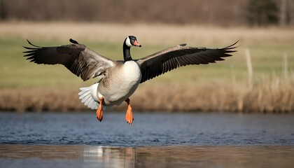 A Goose With Its Wings Spread Wide Gliding Throug - obrazy, fototapety, plakaty