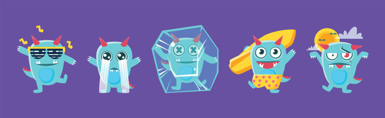 Funny Monster Character Engaged in Different Activity Vector Set