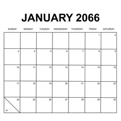 january 2066. monthly calendar design. week starts on sunday. printable, simple, and clean vector design isolated on white background.