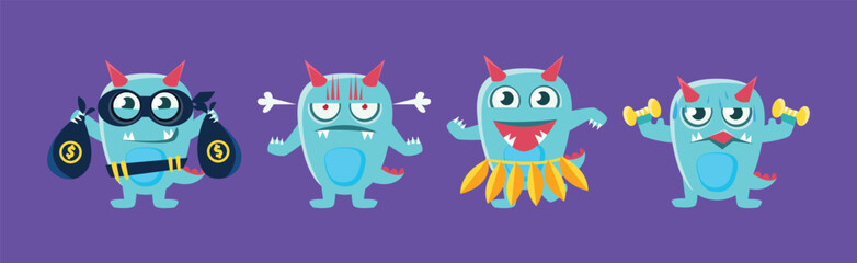 Funny Monster Character Engaged in Different Activity Vector Set