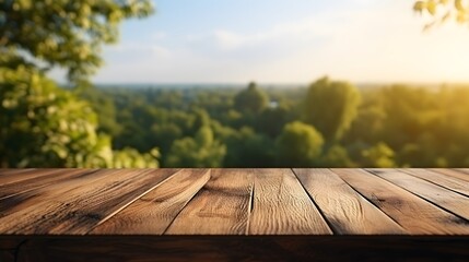 blank wooden table on the background of green spring forest