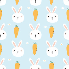 Rabbit and carrot baby seamless cute design for kids hand drawn in cartoon style Use for prints, decorations, textiles, vector illustration