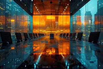 Night Cityscape View From Empty Conference Room