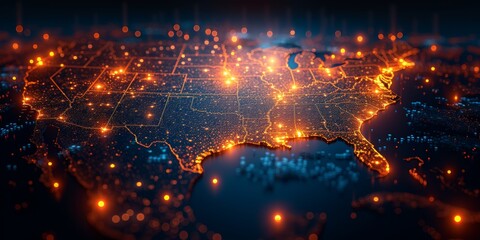 Glowing network over a stylized map of the United States, representing connectivity and data flow