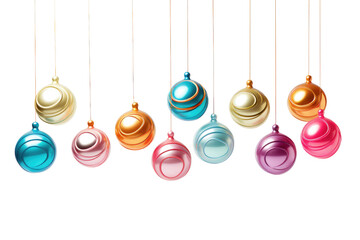 Multicolored Ornaments Hanging From Strings. On a White or Clear Surface PNG Transparent Background.
