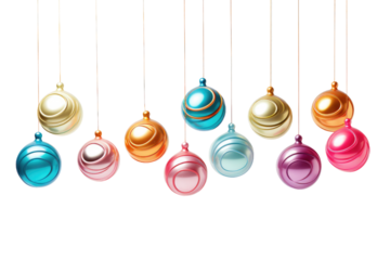 Multicolored Ornaments Hanging From Strings. On a White or Clear Surface PNG Transparent Background.