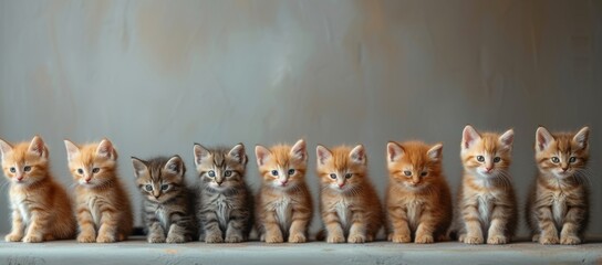 Line of kittens on a ledge in shades of orange and gray, fluffy and adorable. - obrazy, fototapety, plakaty