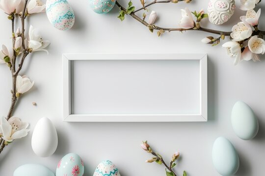 Easter Frame with Eggs and Flowers, White Blank Picture Frame Mockup, Generative AI Illustration