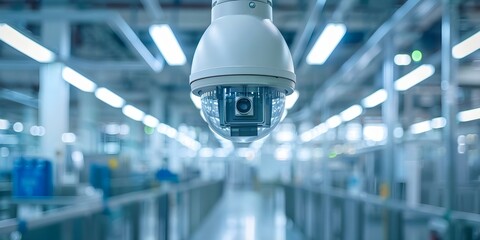 Security measures surround factory to protect innovations with high fences and cameras. Concept Factory Security, High Fences, Surveillance Cameras, Innovation Protection