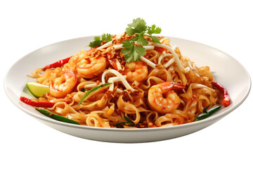 White Bowl Filled With Noodles and Shrimp. On a White or Clear Surface PNG Transparent Background.