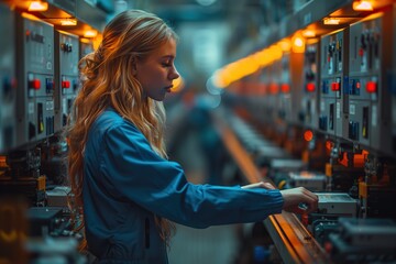 Woman Observing Machine in Factory - obrazy, fototapety, plakaty