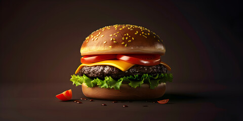  big hot burger cheeseburger sandwich with beef and cheese on black background, Flying burger on black background concept of fast food, 
