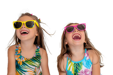 Two young girls with smiling face and sunglasses isolated on transparent PNG background