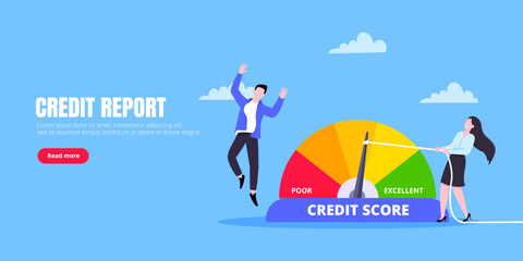 Man and woman push credit score arrow gauge speedometer indicator with color levels. Measurement from poor to excellent rating for credit or mortgage loans concept flat style vector illustration.