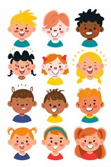 Variety of cartoon vector children in colorful outfits. A diverse group of cartoon children standing in row wearing various colorful outfits representing different styles and personalities 