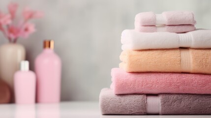 Obraz na płótnie Canvas Colored terry towels in a stack on a light background, folded soft bath towels, cosmetics in the background. Bathroom.