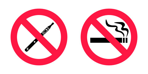 No smoking no vaping signs set. Forbidden sign icon isolated on white background vector illustration. Cigarette, vape and smoke and in prohibition circle.