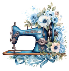 sewing machine vintage with beautiful flowers, watercolor illustration, clipart, sublimation png,