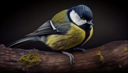 Parus major, Great tit perched on a tree branch, natural environment, blurred background. Generative AI - obrazy, fototapety, plakaty