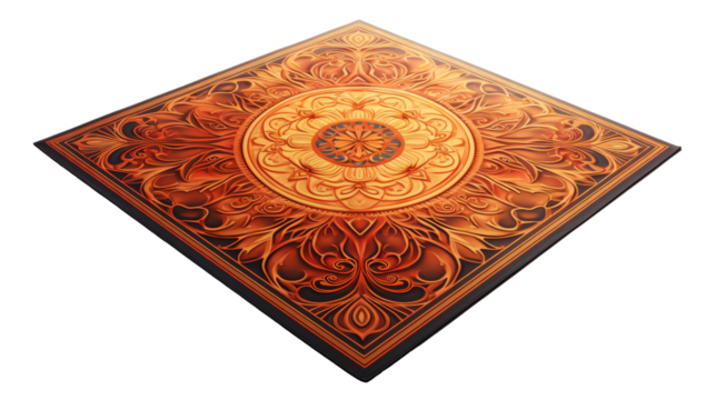 A square area rug featuring an intricate design in vibrant colors, creating a mesmerizing pattern
