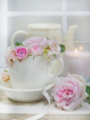 pink roses in a cup