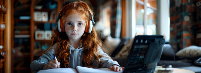 Fototapeta premium Creative Caucasian girl studying at home with headphones on