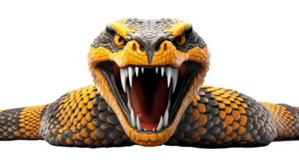 A snake with its mouth agape, showcasing its menacing fangs in a striking display of primal aggression