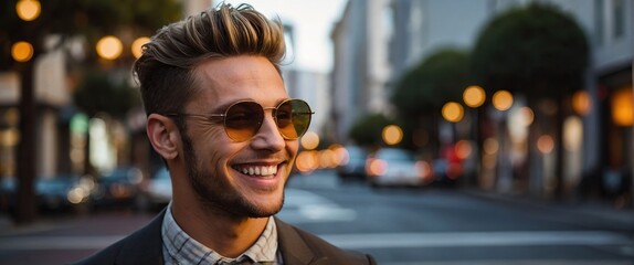 Young gay man in stylish clothes smiling happily