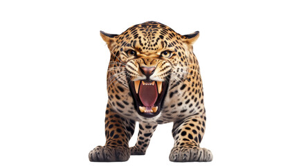A fearsome, large leopard bares its sharp teeth with mouth wide open in a predatory display
