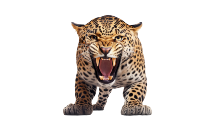 A fearsome, large leopard bares its sharp teeth with mouth wide open in a predatory display
