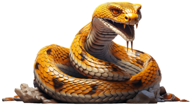 A yellow and black snake bares its teeth in a menacing display of aggression