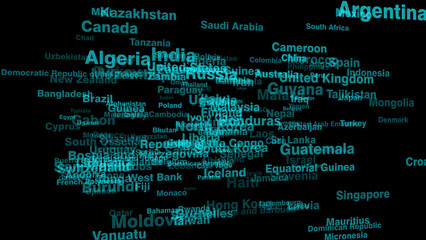 Travel world with country names on black background showcasing global destinations and beautiful places