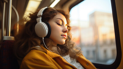 A young female passenger is sitting with headphones while driving in a modern bus, enjoying a ride on public transport. - obrazy, fototapety, plakaty