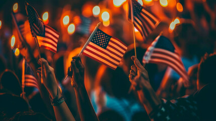 A diverse crowd of people waving American flags in unison at a public gathering, expressing unity and pride in their country. Rallies. Protests. A group of voters. Banner. Copy space