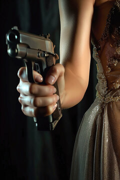 aiming pistol gun in a woman bride hand closeup