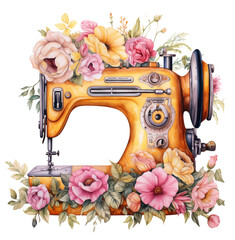  sewing machine vintage with beautiful flowers, watercolor illustration, clipart, sublimation png,