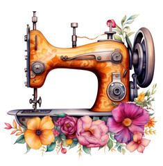  sewing machine vintage, beautiful flowers, watercolor illustration, clipart, , sublimation png,