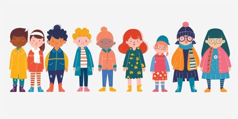 Fototapeta premium Variety of cartoon vector children in colorful outfits. A diverse group of cartoon children standing in row wearing various colorful outfits representing different styles and personalities 