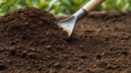Close-Up of Digging and Aerating Soil in a Garden Plot. Captures the Process of Preparing the Ground for Planting or Gardening Activities. Ideal for Agricultural or Landscaping Promotions, Gardening