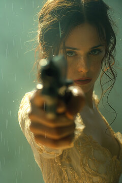 portrait of a girl bride aiming a pistol in hand