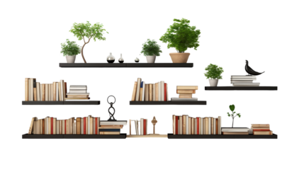 Three bookshelves adorned with a variety of books and potted plants in a cozy setting