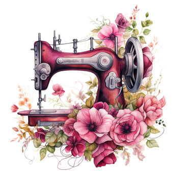 pink, sewing machine with beautiful flowers, watercolor illustration, clipart