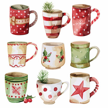 Christmas mugs watercolor Clipart isolated on white background