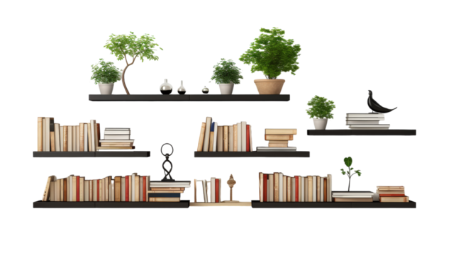 Three bookshelves adorned with a variety of books and potted plants in a cozy setting